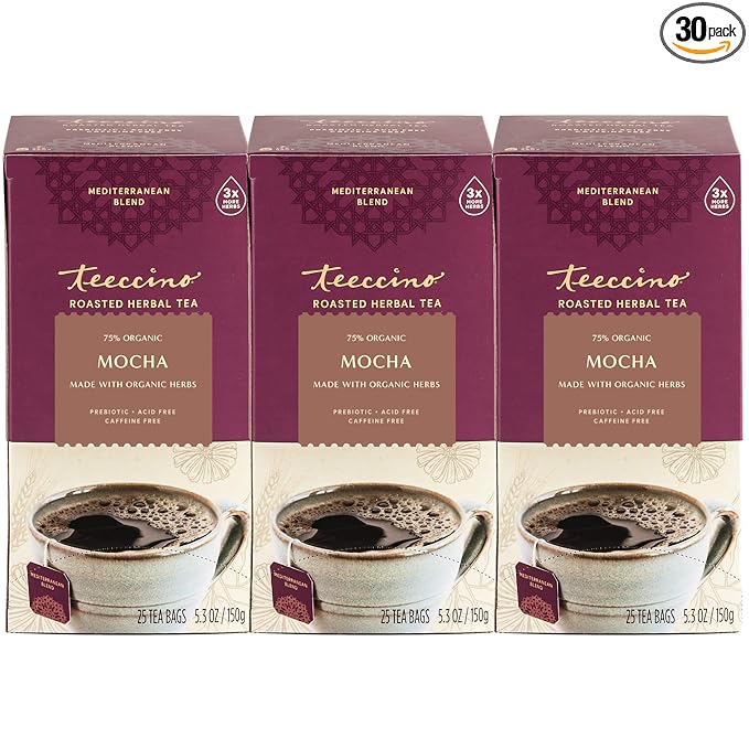 Teeccino Mocha Herbal Tea - Rich & Roasted Herbal Tea That’s Caffeine Free & Prebiotic for Natural Energy, 25 Tea Bags (Pack of 3)