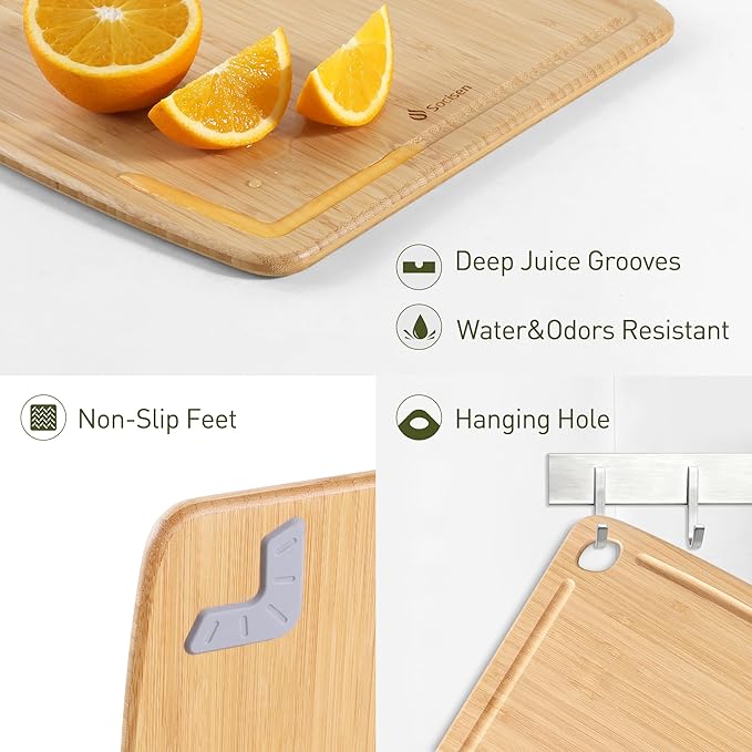 Lightweight Durable Bamboo Cutting Board with Non-Slip Feet, Non Toxic Wooden Cutting Board for Kitchen Heat-Resistant Chopping & Charcuterie Board with Juice Groove Kitchen Essentials for Meat