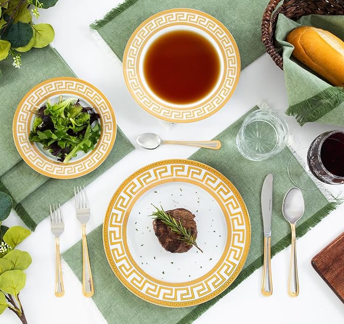 Porcelain Dinnerware Set for 4-12 Piece Gorgeous Dish Set - Gold Greek Key Inspired Design - Kitchen Set for Everyday Dishes or Formal Occasions (Meander Gold 12DIN)