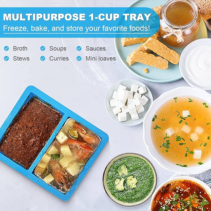 Walfos Extra-Large Silicone Freezing Tray with Lid, 1-Cup Freezer Tray for Soup, Silicone Freezer Container For Storing and Freezing, Broth, Sauce and Ice, 2 Pack