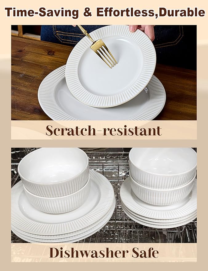 Ceramic Dinnerware Set for 4, 12-Piece Stoneware Plates and Bowls Set, Microwave & Dishwasher Safe, Lead-Free Scratch Resistant, 4 Different Dinner Plates & Soup Bowls (White)