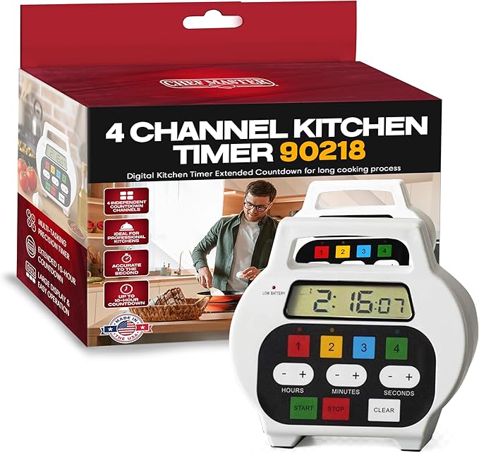 Chef Master 4-Channel Digital Kitchen Timer – Timer for Cooking, Baking & Grilling – LED Display Clock with Independent Countdown Functions for Food Preparation, Roasting, & Tracking - 90218