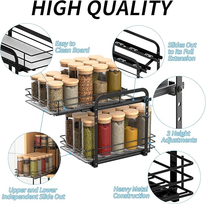 2-Tier Spice Rack, Pull Out Spice Racks Organizer for Cabinet, Height Adjustable Heavy Duty Metal Basket for Inside Cabinets & Pantry Closet (7.5''Wx10.5''Dx9.5''H)
