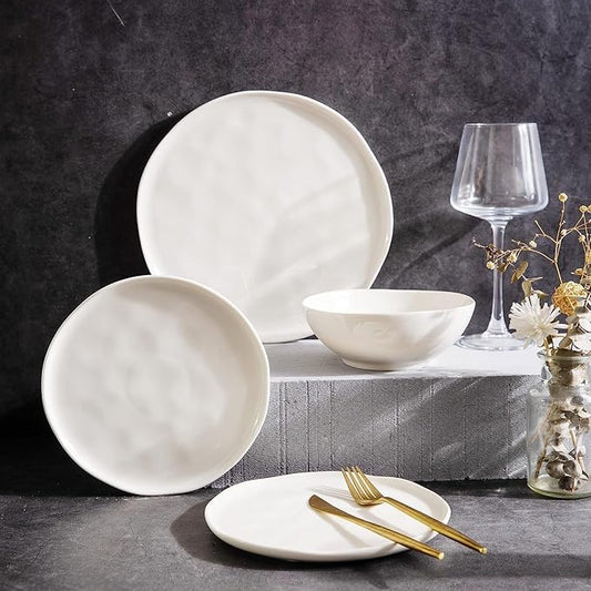 LERATIO Ceramic Dinnerware Sets for 4,Porcelain Plates and Bowls Sets with Wavy Edge,Microwave & Dishwasher & Oven Safe,Light Weight & Scratch Resistant Dishes Sets