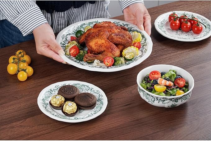 Ceramic Dinnerware Set 12Piece Ornate Edge Dish Set for 4 Vintage Green Floral Elegant ChipResistant Kitchen Plates Bowls for Daily Use & Party Microwave & Dishwasher Safe(Green)