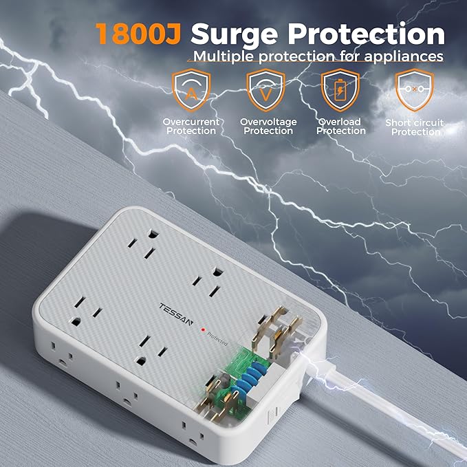 TESSAN Extension Cord 10 ft Surge Protector Power Strip, 12 Outlet Extender with 4 USB (2 USB C), 1800 Joules Protection, Flat Plug, Flat Extension Cord with Multiple Outlets, for Home, Office, Dorm