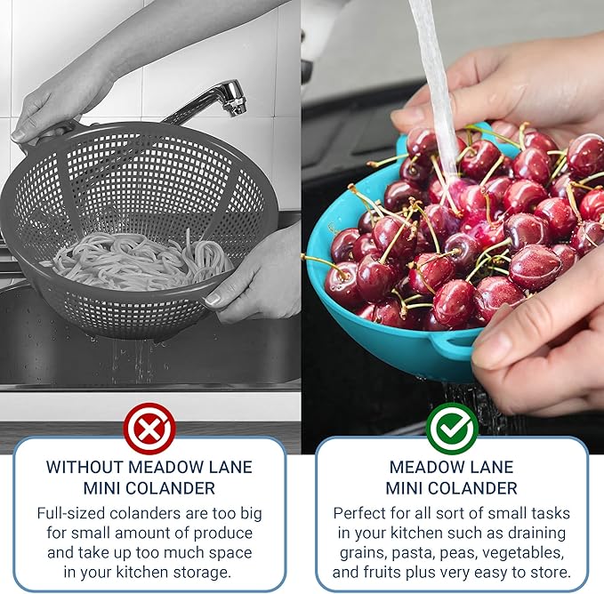 Meadow Lane 6-inch Small Colander, BPA-Free, Dishwasher Safe, Double Handles, Compact Food Strainer for Berries, Veggies and Pasta, 3-Cup Capacity, Red and Blue, 2-Pack