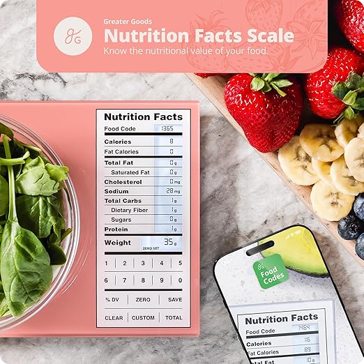 Greater Goods Digital Nutrition Scale – Accurate Macro and Calorie Tracking for Meal Prep, Weight Loss, and Healthy Eating | 2,000 Built-in Foods, Intuitive Nutrition Label Display, 11lb Cap, Pink