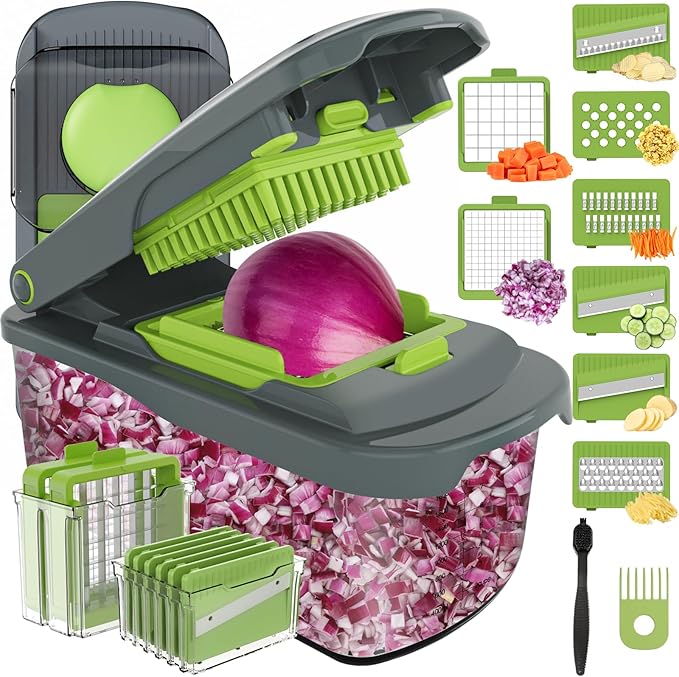Ourokhome Food Chopper Manual Hand with Container, Mandolin Vegetable Slicer Onion Dicer with 8 Blades, Veggie Shredder for Potato, Tomato, Essential Kitchen Gadgets (8 in 1, Gray)
