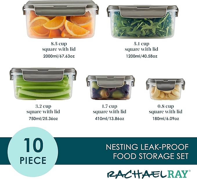 Rachael Ray Leak-Proof Nestable Container Food Storage Bin Set, 10-Piece Square, Gray Lid