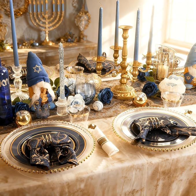 175PCS Blue and Gold Plastic Plates - Navy Blue Plates with Pre Rolled Napkins for Party - 25Guest Disposable Dinnerware Sets for Hanukkah/Party/Hanukkah/Wedding