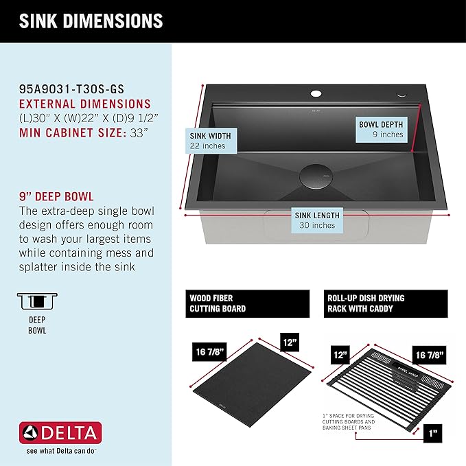 DELTA FAUCET Delta Rivet 30 Inch Black Stainless Steel Drop-In Top Mount 16 Gauge Workstation Kitchen Sink Single Bowl in PVD Gunmetal Finish with WorkFlow Ledge and Accessories, 95A9031-T30S-GS