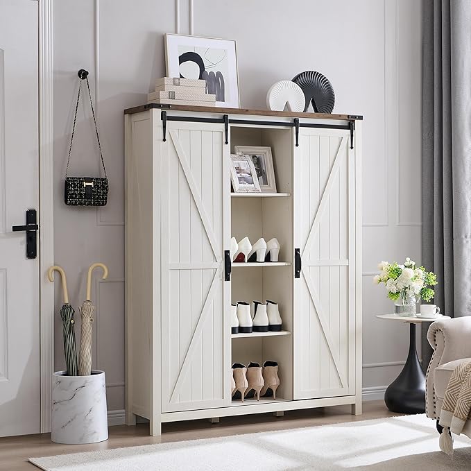 OKD Shoe Storage Cabinet with 2 Sliding Door, 7-Tier 62" Tall Farmhouse Entryway Shoe Organizer, Freestanding Rustic Hidden Shoe Rack Cabinet for Entryway, Antique White