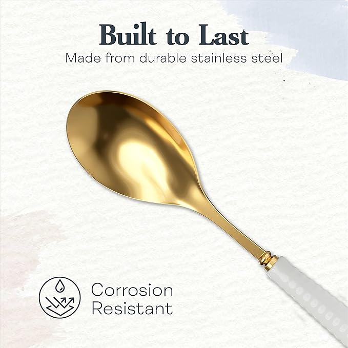 Portmeirion Sophie Conran White Serving Spoon - Stainless Steel Kitchen Utensil with Ceramic Ripple Handle, Elegant Cooking Tool for Pasta, Casseroles, Baking, Meal Prep & Dining Essentials