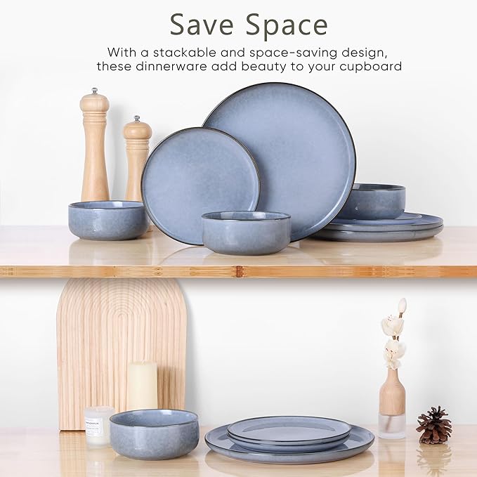 Herogo 12 Pieces Stoneware Dinnerware Sets Service for 4, Dinner Plates and Bowls Sets, Double Reactive Glaze Dishes Set for Kitchen, Scratch Resistant, Microwave & Dishwasher Safe, Haze Blue