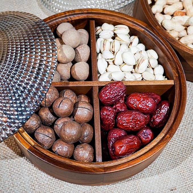 Wooden Snack Box with Glass Lid, 4-Compartment Serving Tray for Nuts, Candy, Dried Fruits, Multipurpose Storage Container for Home & Parties