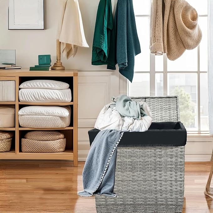 Laundry Hamper Wicker With Lid and Wheels, Collapsible Rattan Clothes Hamper 29 Gal (110 L) Removable Linerdouble Laundry Basket Handwoven for Clothes Storage in Bedroom(Gray)