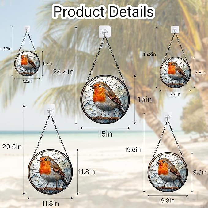 Stained Glass Window Hanging - Orange Grey Robin Sun Catcher for Door Garden Home Decor Bird Lovers Suncatcher Christmas Mother's Day Birthday Gifts for Women Men Mom Nana 15 in