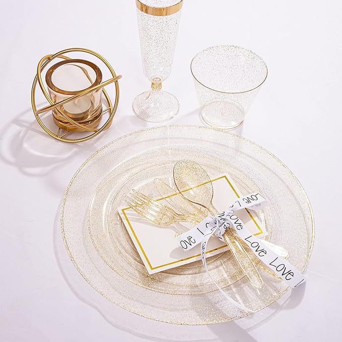 WDF 120PCS Gold Plastic Plates- Disposable Gold Glitter Plates, Premium Heavy Duty 60-10.25" Dinner Plate and 60-7.5" Salad Plate for Christmas Parties &Wedding