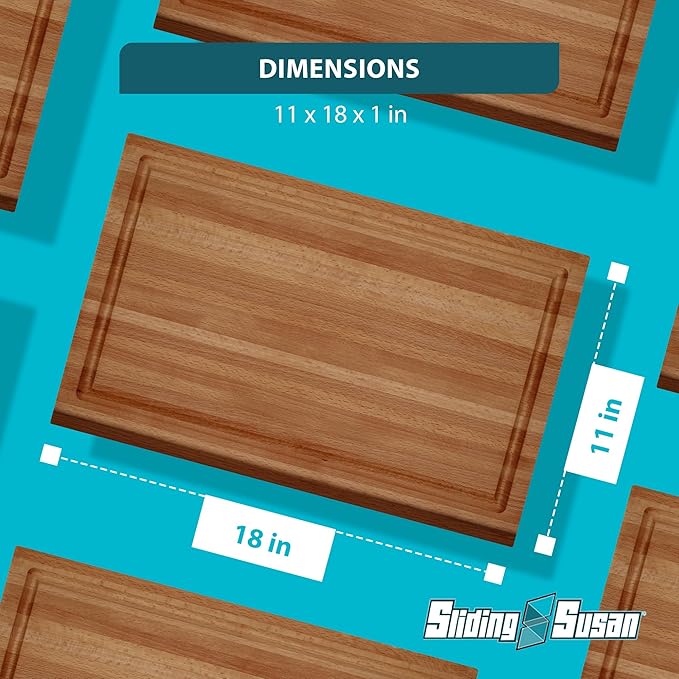 SlidingSusan Cutting Board - Solid Beechwood Butcher Block for Kitchen, Chopping, Serving, or Gifting – 1” Thick Reversible Wooden Slab for Countertop or Table, 11” x 18”