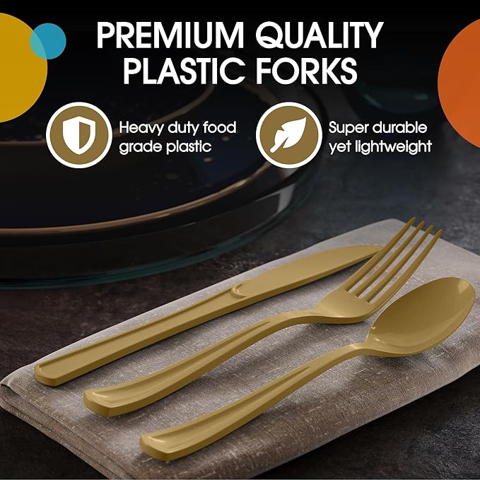 Party Solids Gold Plastic Silverware Heavy Duty 150 Pieces Gold Disposable Silverware Heavy Duty, Utensil Sets, 50 Of Each Forks, Knives & Spoons Disposable Cutlery Set For Party Supplies