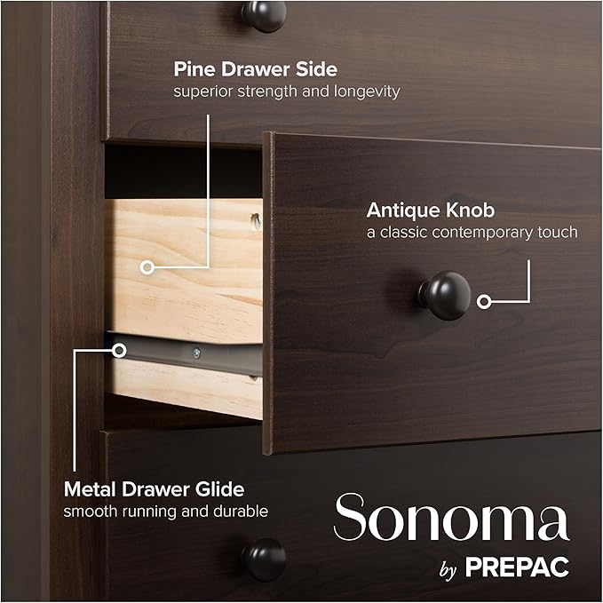 Prepac Sonoma 6-Drawer Double Dresser for Bedroom, Wide Chest of Drawers, Traditional Bedroom Furniture, 59" wide x 17.5" deep x 29" tall, Espresso