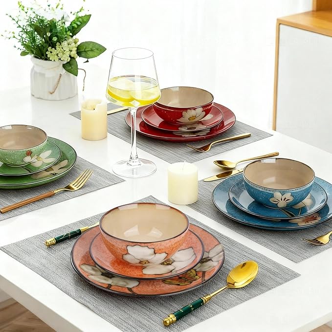 Stoneware 16-Piece Modern Dinnerware Set,Kitchen Plates Bowls and Mug Sets Serves 4,Dishwasher and Microwave Safe,4 colors (Service for 4(12Pcs))