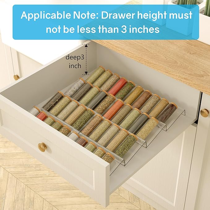 Expandable Acrylic Spice Drawer Organizer – 4-Tier Clear Seasoning Rack Insert for Kitchen Drawers, Adjustable from 9" to 18", Fits Most Spice Jars (Jars Not Included) 8-Pack