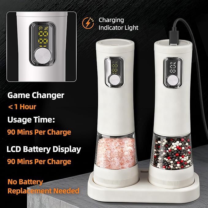 Electric Salt and Pepper Grinder Set-2 Pack Rechargeable Automatic Pepper Mill with Base,5-Level Adjustable Coarseness, Display, LED Lighting, Large Capacity-Ideal for Kitchen, BBQ Gifts (2, White)
