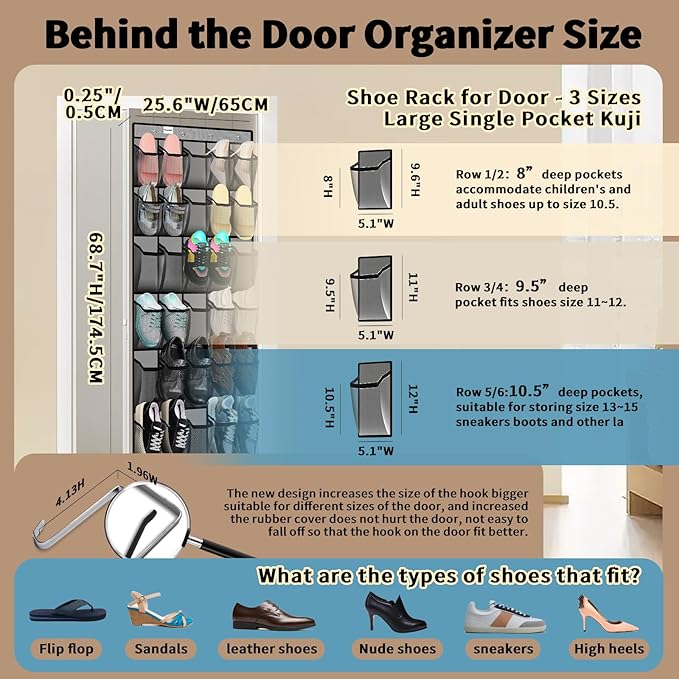 PAULONE Over the Door Shoe Organizer, 30 Multi-Size Large Breathable Mesh Pockets, Reusable Breathable Large Mesh Pockets, Boys' and Girls' Shoe Organizer, Space Saving Hanging Organizer (Gray)