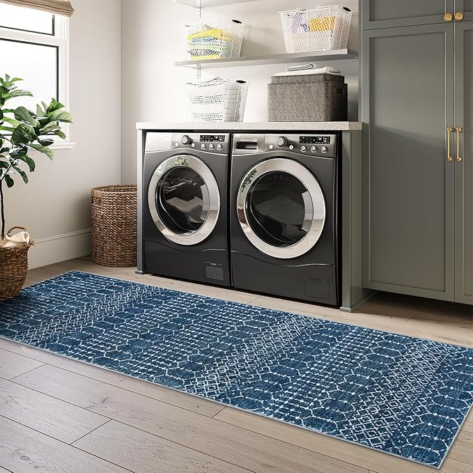 Lahome Moroccan Washable Kitchen Runner - 2x8 Carpet Runners for Hallway 8Ft Low-Profile Non-Slip, Indoor Geometric Print Distressed Rug for Entryway Laundry Room Foyer, (Blue,2'x8')