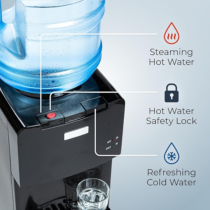 Igloo Top Loading Water Cooler for Hot & Cold Dispenser – Black, Holds 3 & 5 Gallon Jugs, Child Safety Lock – for Homes, Kitchens, Offices, Dorms