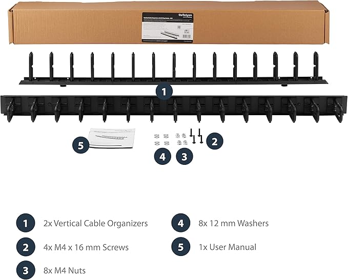 StarTech.com Vertical 40U Server Rack Cable Management w/ D-Ring Hooks - 40U Network Rack Cord Manager Panels - 2x 3ft Wire Organizers (CMVER40UD)