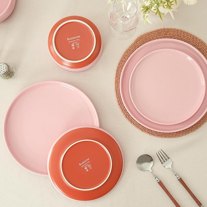 24 Piece Dinnerware Sets for 8, Dual Glaze Stoneware Plates and Bowls Set, Microwave and Dishwasher Safe, Pink