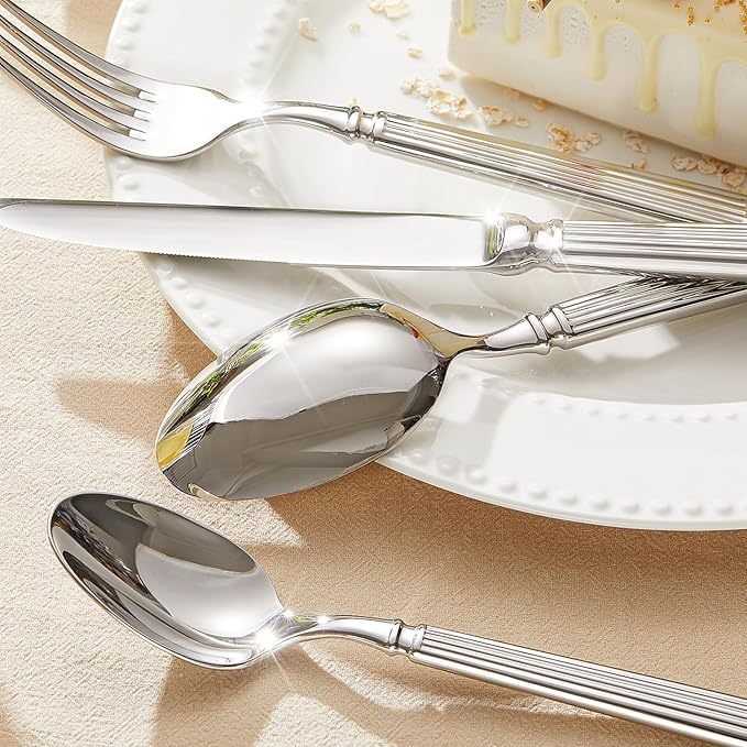 KINGSTONE Silverware Set, 5-Piece 18/10 Stainless Steel Flatware Set - Roman Column Embossed Thick Handle, for Wedding, Home, Restaurant, Kitchen and Party, Mirror Polish & Dishwasher Safe