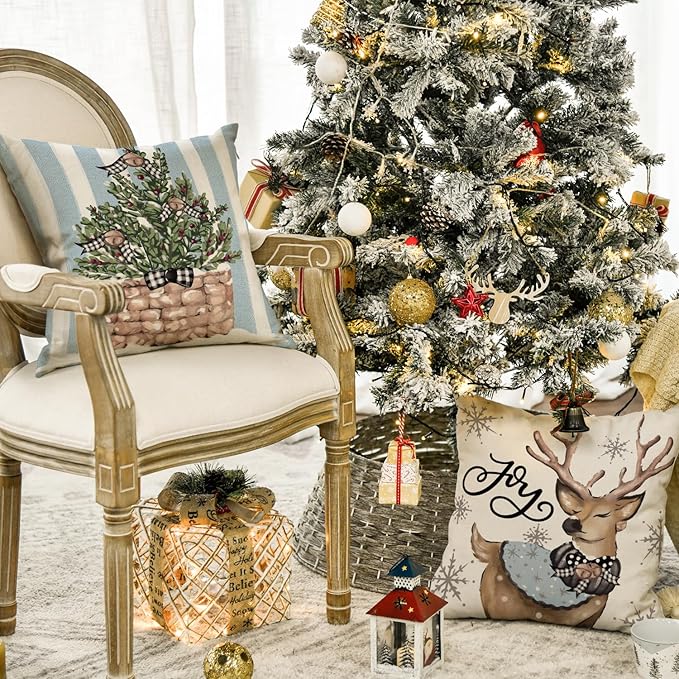 AVOIN colorlife Christmas Snowman Reindeer Gloves Eucalyptus Blue Throw Pillow Covers, 18 x 18 Inch Winter Holiday Stripes Cushion Case Decoration for Sofa Couch Set of 4