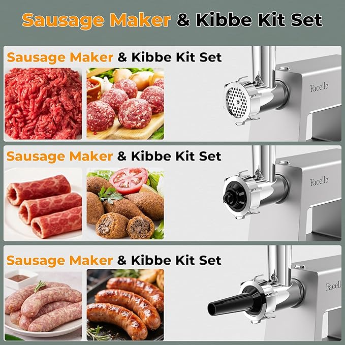Facelle Electric Meat Grinder for Home Use, Mincer Machine with Stainless Steel Blades & 3 Grinding Plates,Sausage Stuffer & Kubbe Kit, Food Grinder for Burgers, Kibbeh, Beef Sticks, Dog Food