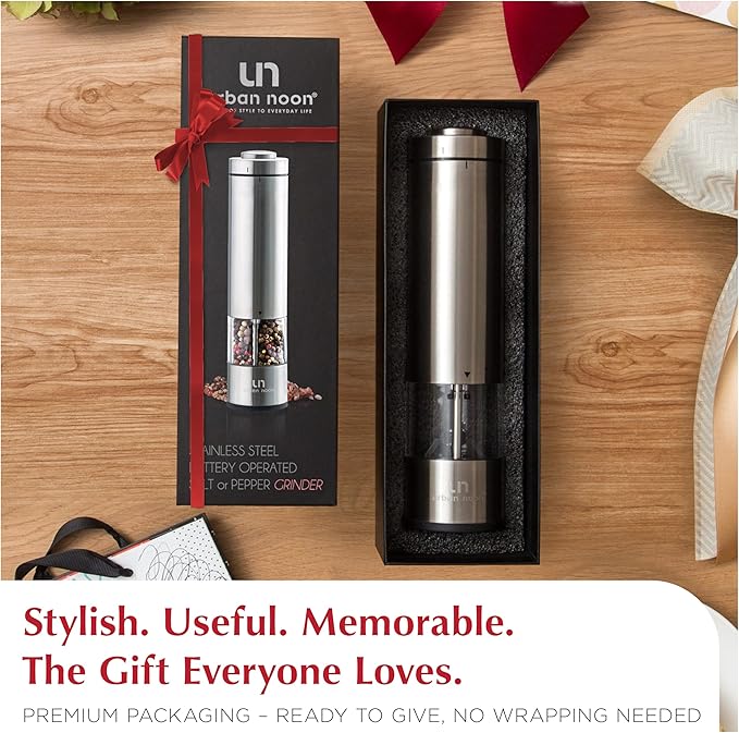 Electric Salt and Pepper Grinder - Battery Operated Stainless Steel Pepper Mill with Light - Automatic One Handed Operation - Electronic Adjustable Shaker - Ceramic Grinder