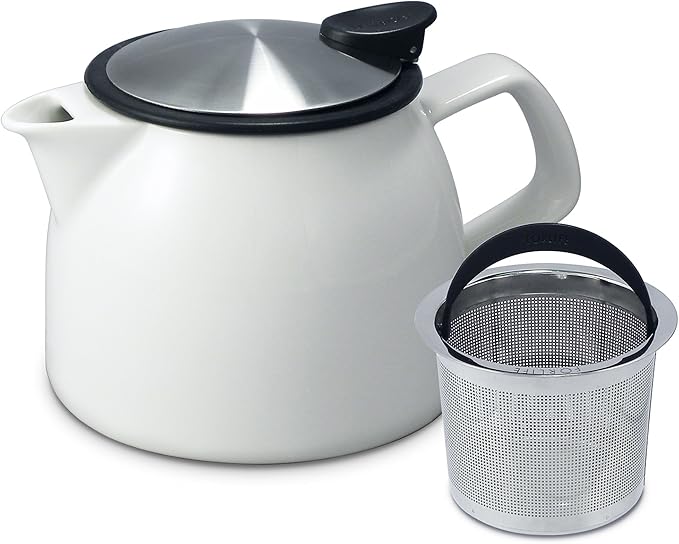 FORLIFE Bell Ceramic Teapot with Basket Infuser, 16-Ounce/470ml, White