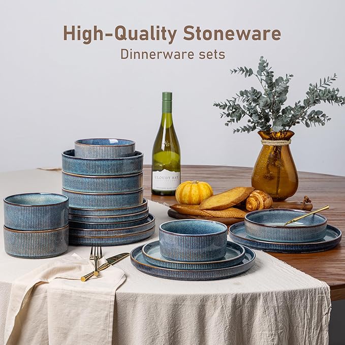 GBHOME Stoneware Dinnerware Sets for 6,Round Reactive Glaze Ceramic Plates and Bowls Set,Highly Scratch Resistant | Dishwasher & Microwave Safe Dishes Set,Service for 6(18Pcs),Ceylon Blue