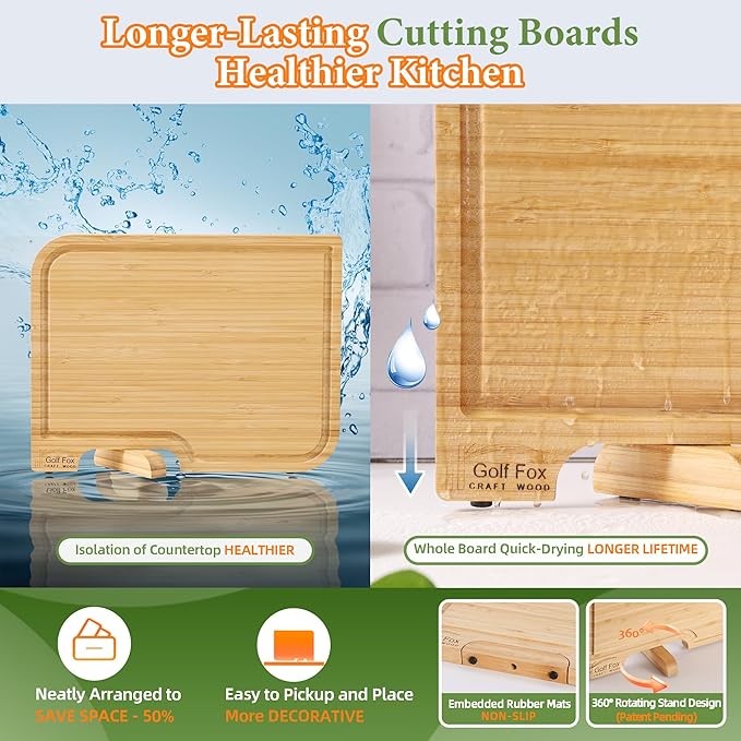 3-PCS Bamboo Cutting Board Set, Wood Cutting Board for Kitchen with Innovative Stand, Juice Groove & Handle, Double Sided for Chopping & Charcuterie Board, Kitchen Gift for Home Cooks, For Meat &Fruit