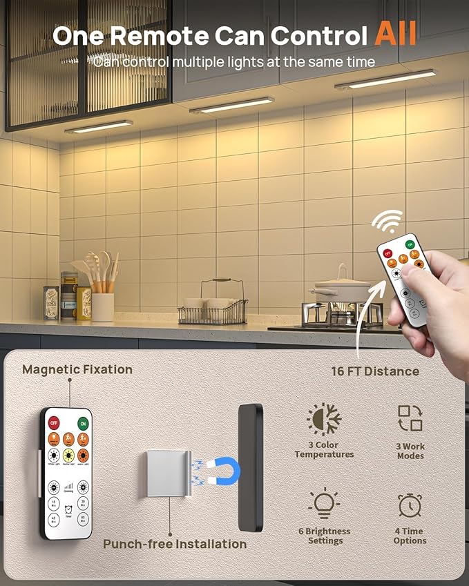 16in Under Cabinet Lighting with Remote, 160 LED Motion Sensor Light Indoor, 4000mAh USB Rechargeable Closet Lights Wireless, 3 Color Temps Under Counter Lights for Kitchen, Pantry, Stair, 3 Pack