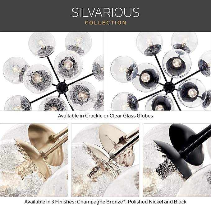 KICHLER Silvarious 12-Light Convertible Chandelier, Soft Modern Light with Clear Glass in Polished Nickel, for Dining Room, Living Room, Bedroom or Foyer (22.25" x 30"), 52701PNCLR