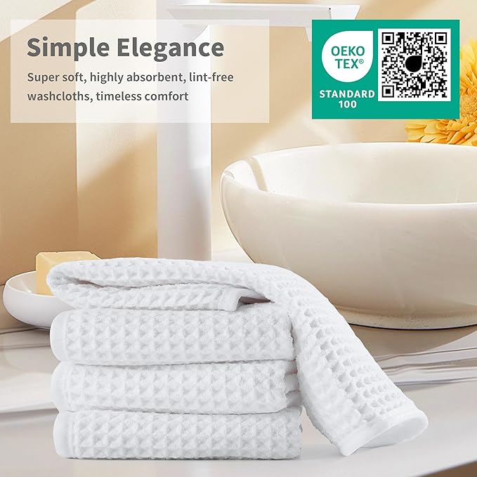 Microfiber Waffle Face Towels, 4 Pieces, Soft, Absorbent, Fast Drying, Lint Free (White)
