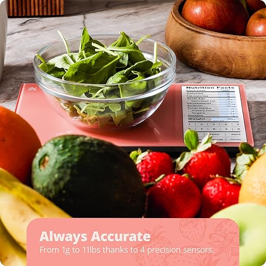 Greater Goods Digital Nutrition Scale – Accurate Macro and Calorie Tracking for Meal Prep, Weight Loss, and Healthy Eating | 2,000 Built-in Foods, Intuitive Nutrition Label Display, 11lb Cap, Pink
