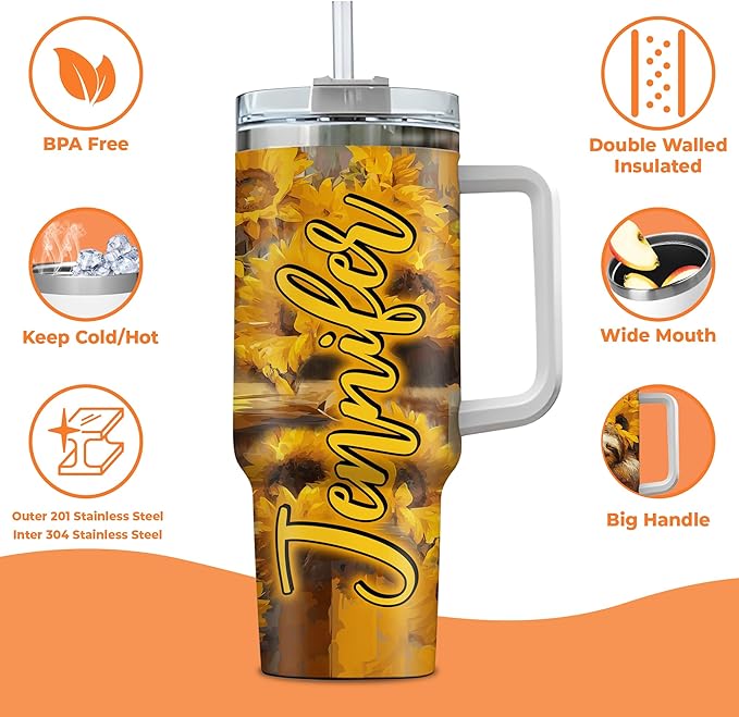Personalized Sloth 40oz Tumbler with Handle and Straw Gifts for Women Girl, Sunflower Sloth Gifts For Animal Lovers, Birthday Christmas Gift Idea, Custom Name Stainless Steel Travel Cup