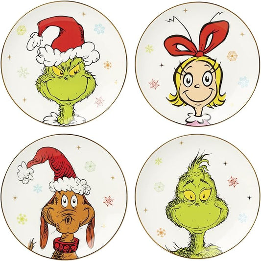 Lenox Dinnerware Set, Merry Grinchmas Accent Plates, Service for 4 Porcelain Accent plates, Microwave Safe and Dishwasher Safe, for Pasta, Salad and Dinner, Christmas Decoration (Assorted, 4 Pieces)