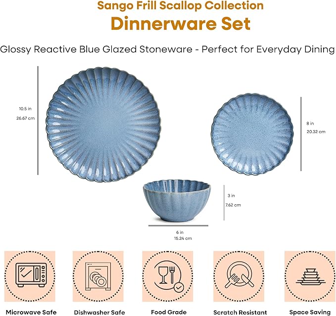 Sango 12 Pieces Stoneware Dinnerware Set, Modern Reactive Blue Dishes for 4, Premium Serving Plates and Bowls Sets, Chip Resistant Plate, Ceramic Dishware, Kitchen Dish Set, Scallop Dining Ware, Frill