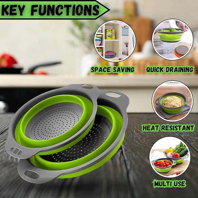 Collapsible Colander Set,Premium Food Grade Silicone Folding Strainers with Handles Space Saving Colanders for Draining Pasta,Vegetables & Fruits,Ideal for Kitchen & Travel (2pc)