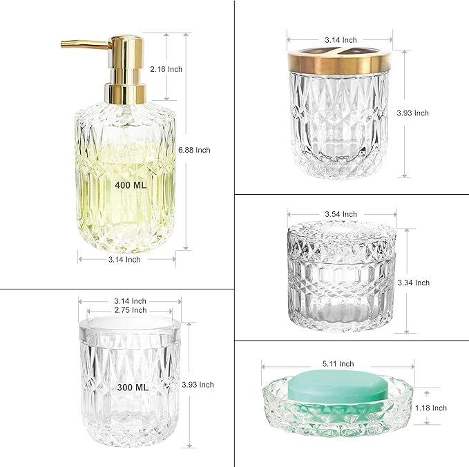 Glass Bathroom Accessories Set, 5pcs Crystal Clear Bathroom Accessories, Toothbrush Holder Set, Soap Dispenser, Soap Dish, Tumbler, Qtips Holder for Vintage Bathroom Decor, Christmas Decor